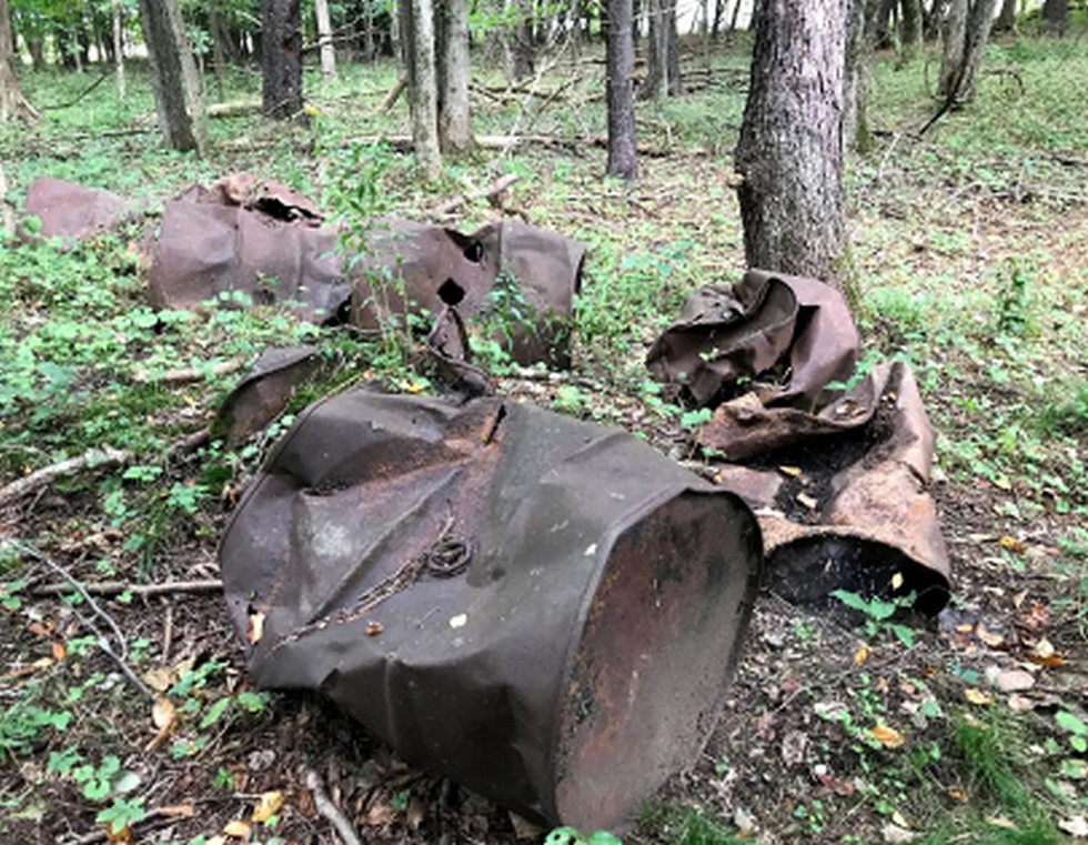 An image of crumpled metal storage drums lying on the ground in a forest.