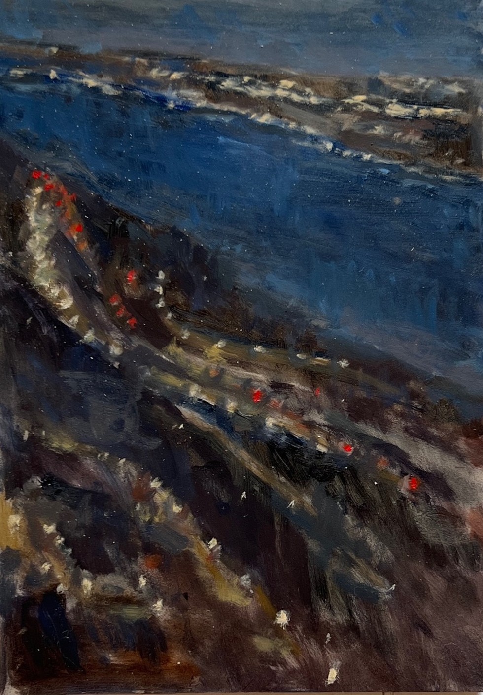 Deep Blue evening on the Hudson, Marcia Clark, oil on panel, 2024