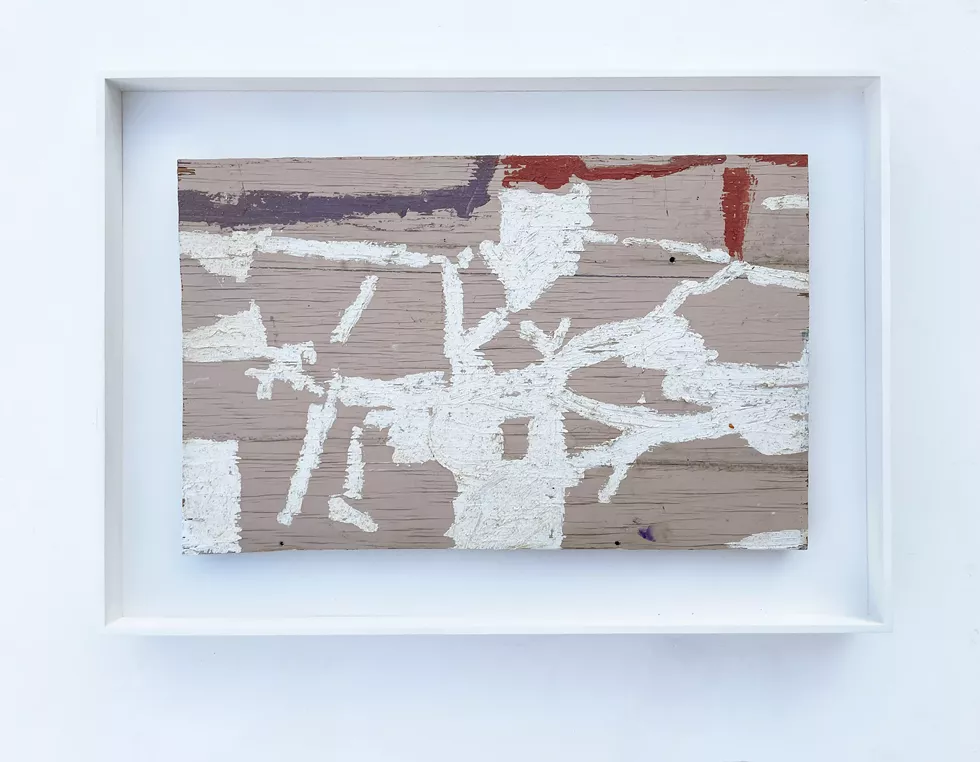Sean Noonan, Cessat, oil on found wood with white lacquered oak frame, 11.5" x 18"