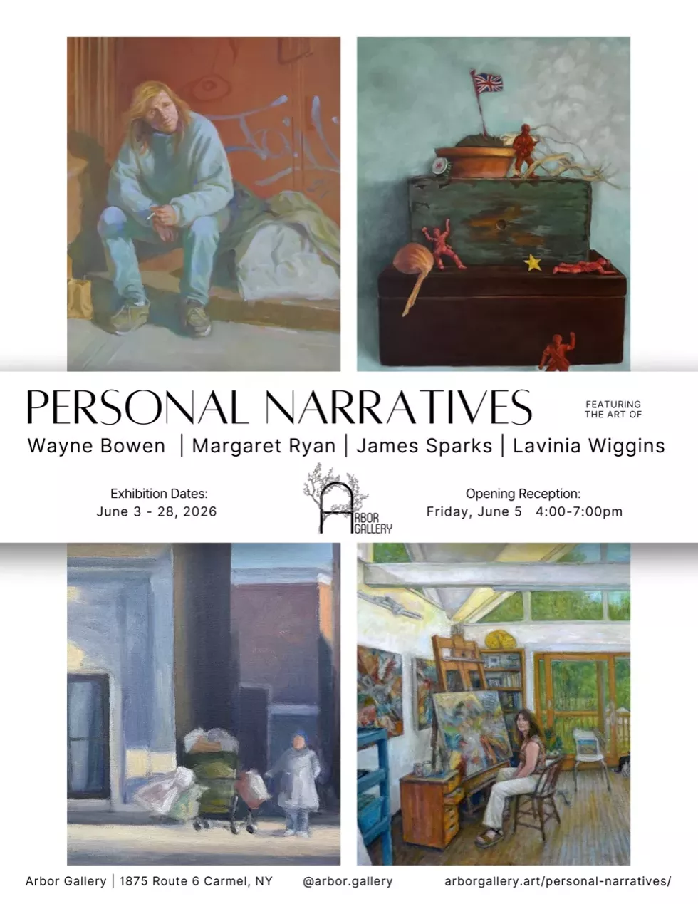 Personal Narratives opening reception at Hudson Valley's Arbor Gallery in Carmel NY - a group art exhibition featuring Wayne Bowen, Margaret Ryan, James Sparks, Lavinia Wiggins.