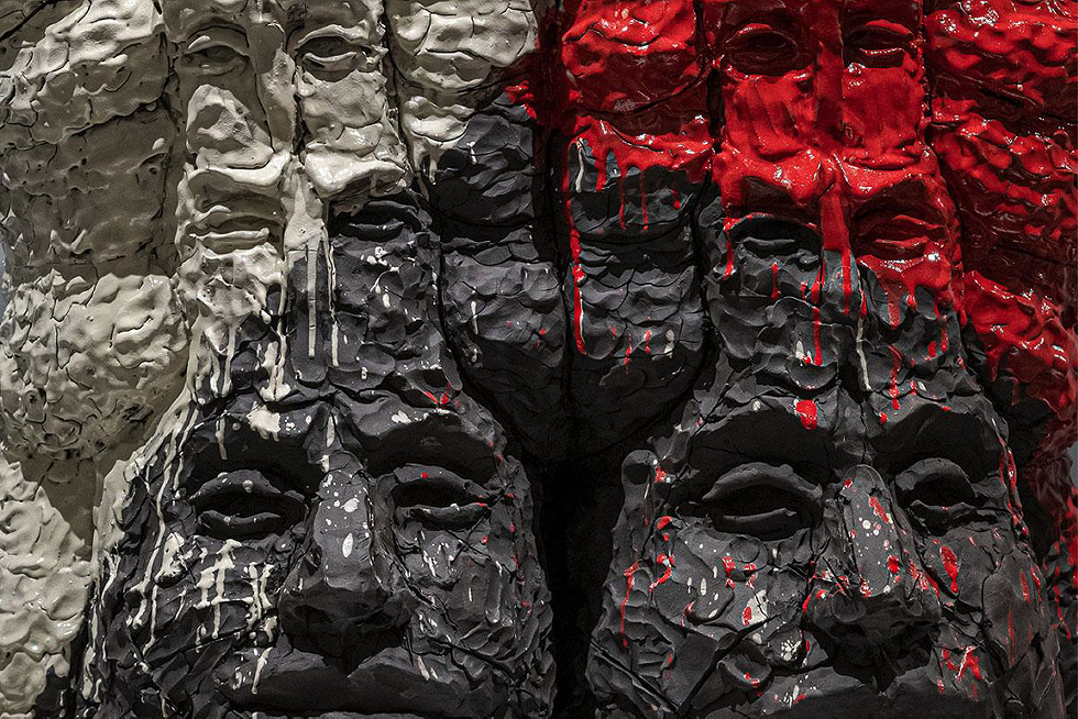 *E-a'-ti-ti (Sisters)*, 2021 (detail). Raven Halfmoon. Stoneware, glaze, 38 x 25 x 63 in.(96.5 x 63.5 x 160 cm). Forge Project Collection, traditional lands of the Muh-he-con-ne-ok. Photo courtesy of the artist & Kouri + Corrao Gallery, Santa Fe.