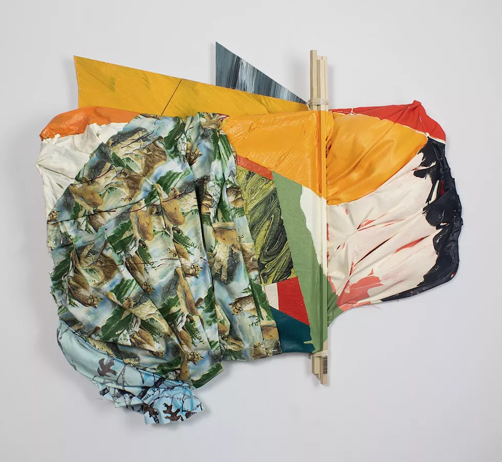 Susan Still Scott, Mountain Hack, 2023, acrylic, oil and vinyl paint, canvas, wood, cotton cloth, string, wood veneer, staples, glue, 29 x 33 x 6 inches