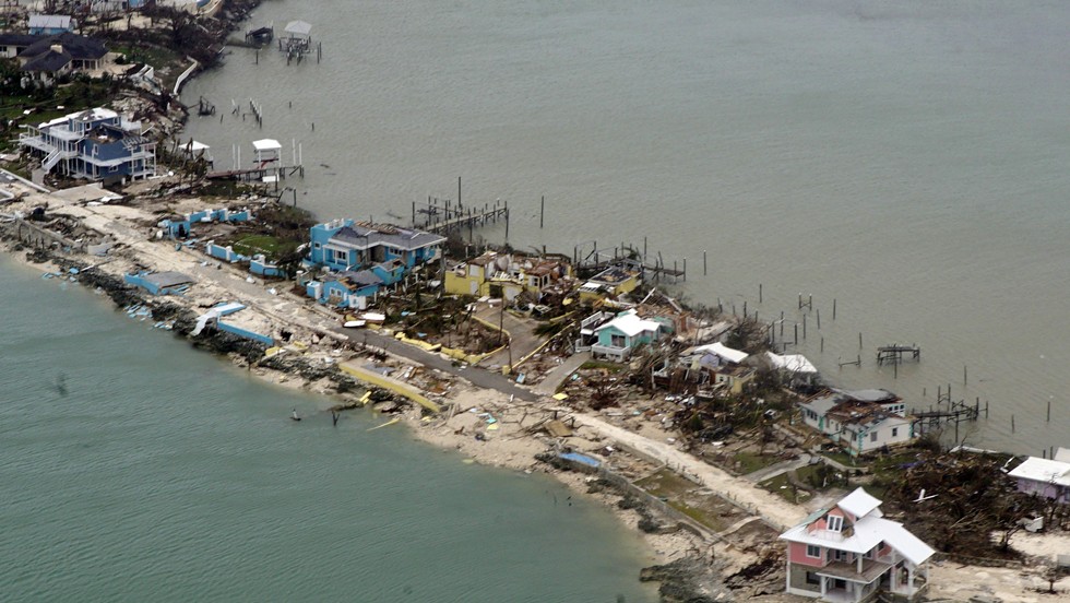 Overhead view of a row of damaged structures in the Bahamas from a Coast Guard Elizabeth City C-130 aircraft after Hurricane Dorian shifts north September 3, 2019. Hurricane Dorian made landfall Saturday and intensified into Sunday.