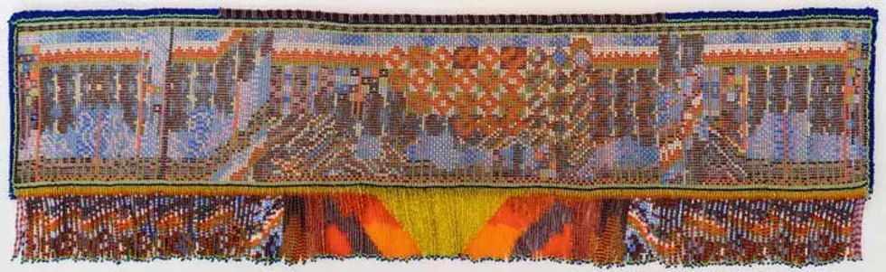 Anita Bracalente, "Lost River (Indiana)," Czech seed beads, DMC Perl Cotton # 12, knitted beads, 13.5" x 34.5" x ,25"
