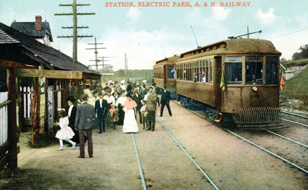 Albany-Hudson Railway trolleys dropping passengers off at &ldquo;Electric Park&rdquo; on Kinderhook Lake, c.1900-1929.