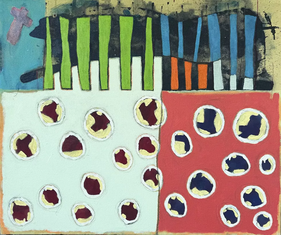 Ted Dixon, "Tiger walking quietly over fall hemispheres", acrylic, oil stick, pastel, chalk, graphite on canvas