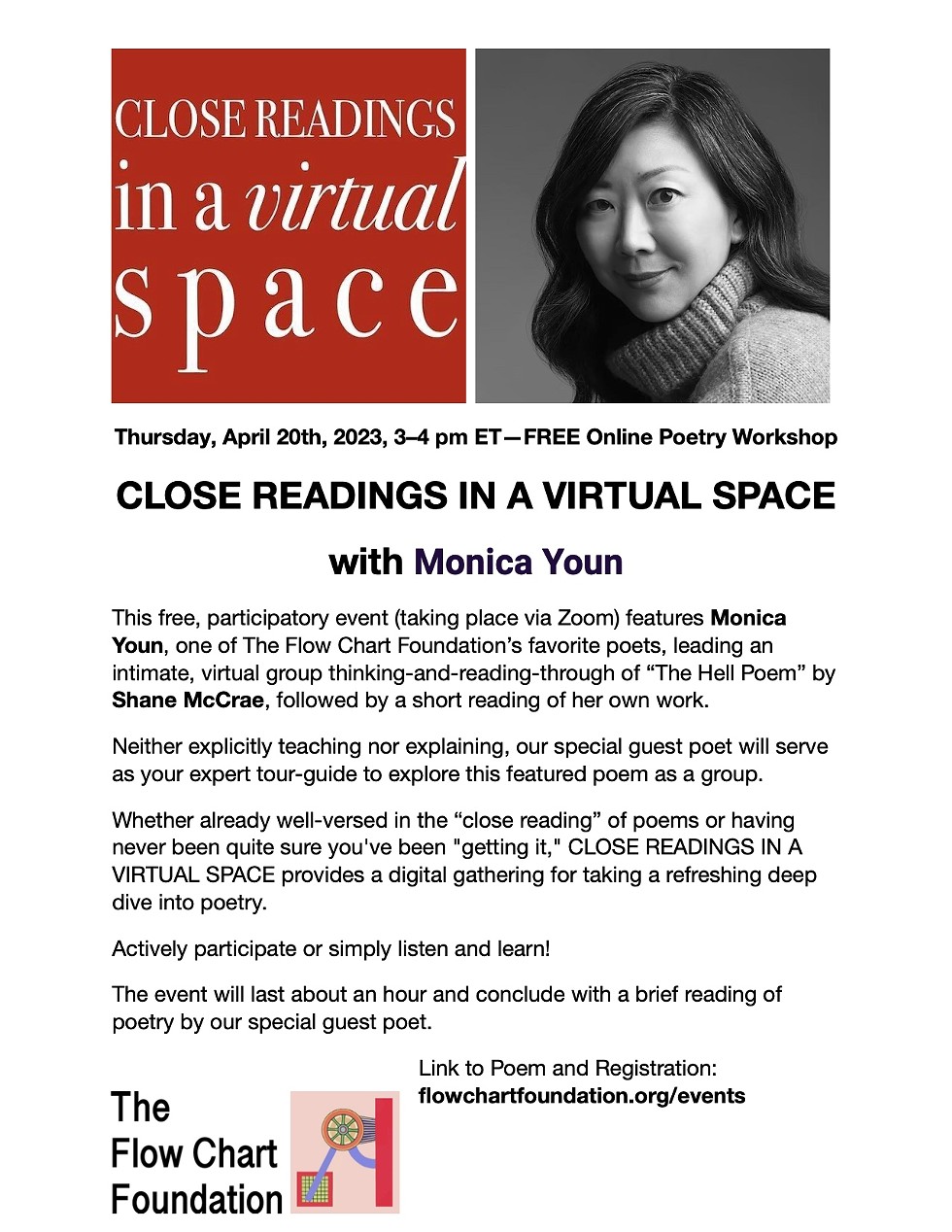 CLOSE READINGS IN A VIRTUAL SPACE with Monica Youn - Free online poetry workshop Ap 20th, 3-4pm ET