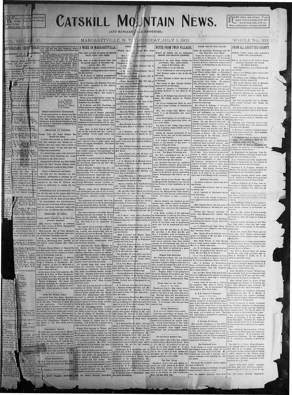 The Catskill Mountain News was published in Margaretville from 1902 until January 2020.