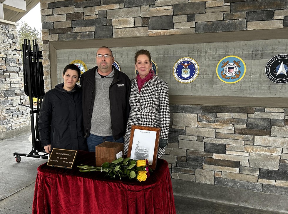 Hannah Speregen and Matthew Sirni of Wiltwyck Cemetery with volunteer Kathy Wade at the interment ceremony for Bruce Carroll at the Ulster County Veterans Cemetery in December 2023.