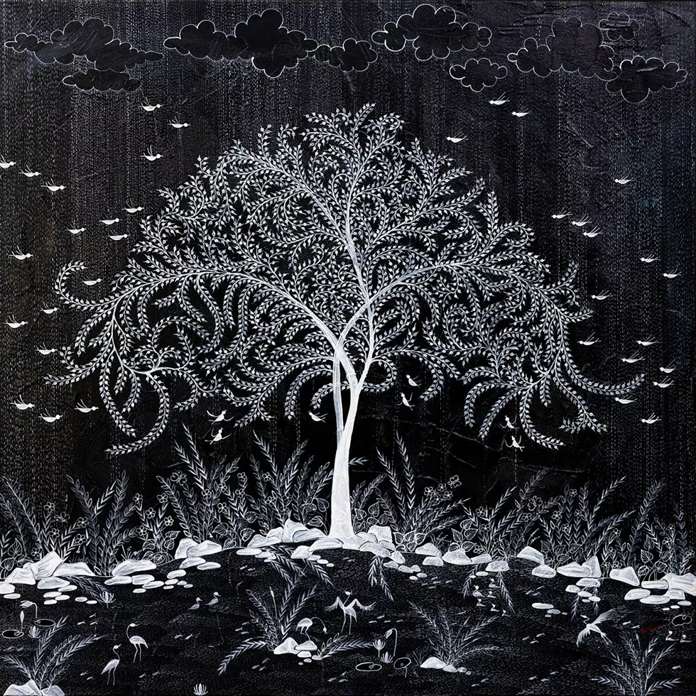 Rinal Parikh, April Showers, 2021, mixed media on canvas, 39 x 39 inches