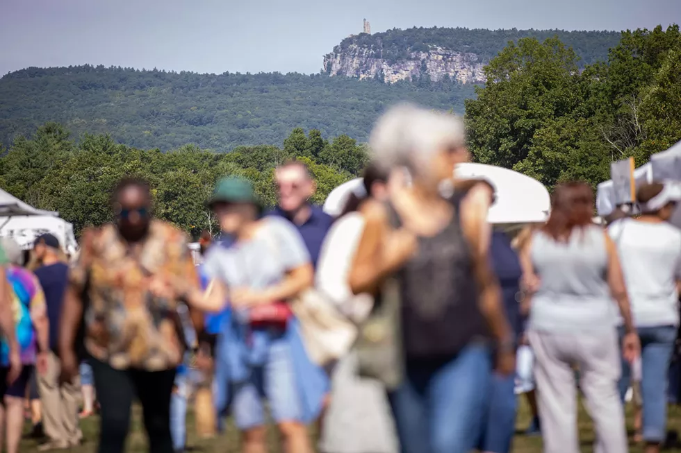 Visitors underneath Shawangunk Ridge